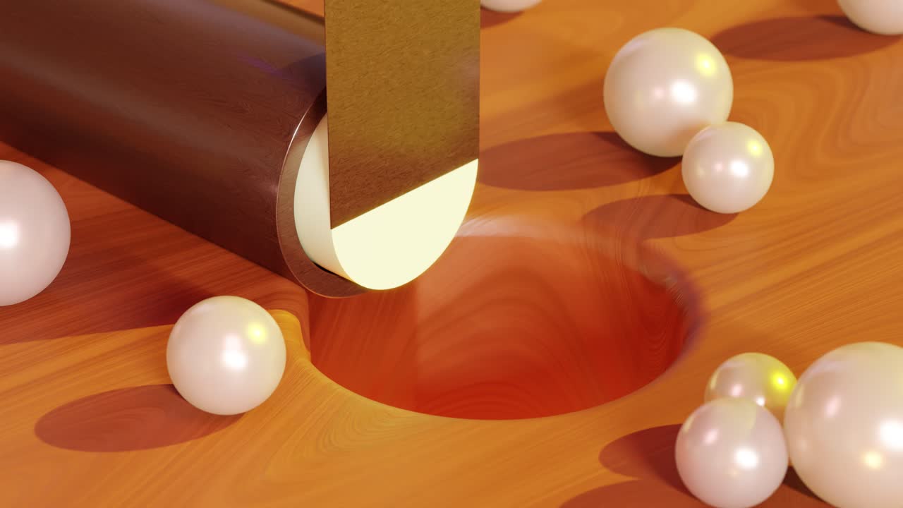 3D rendering loop of sharp blade smoothly cutting substance near pearls