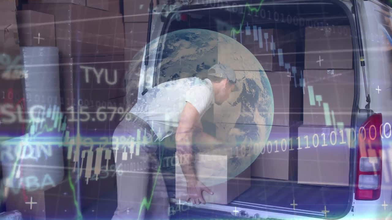 Animation of a delivery man packing cardboard boxes into a truck of a car, with globe spinning in th