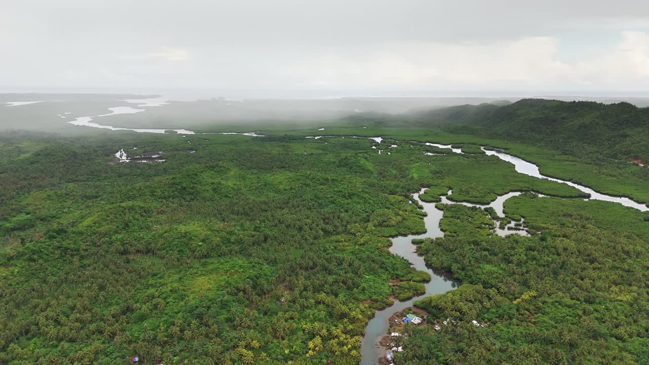 Dense mangrove forest weaves alongside winding river systems in Mataob Maasin, Siargao Islands, Philippines, surrounded by tropical vegetation, coastal terrain, and mist-covered rolling hills