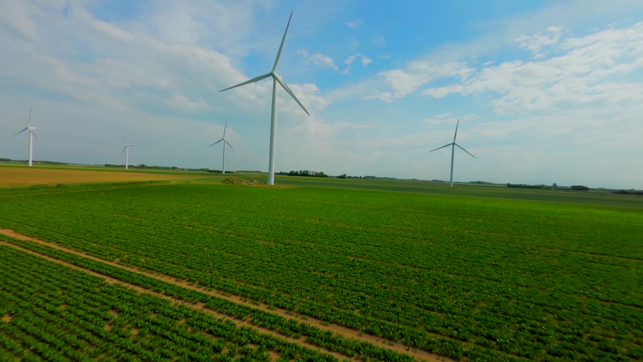 Aerial drone flight above potato farm with tall rotating wind turbines