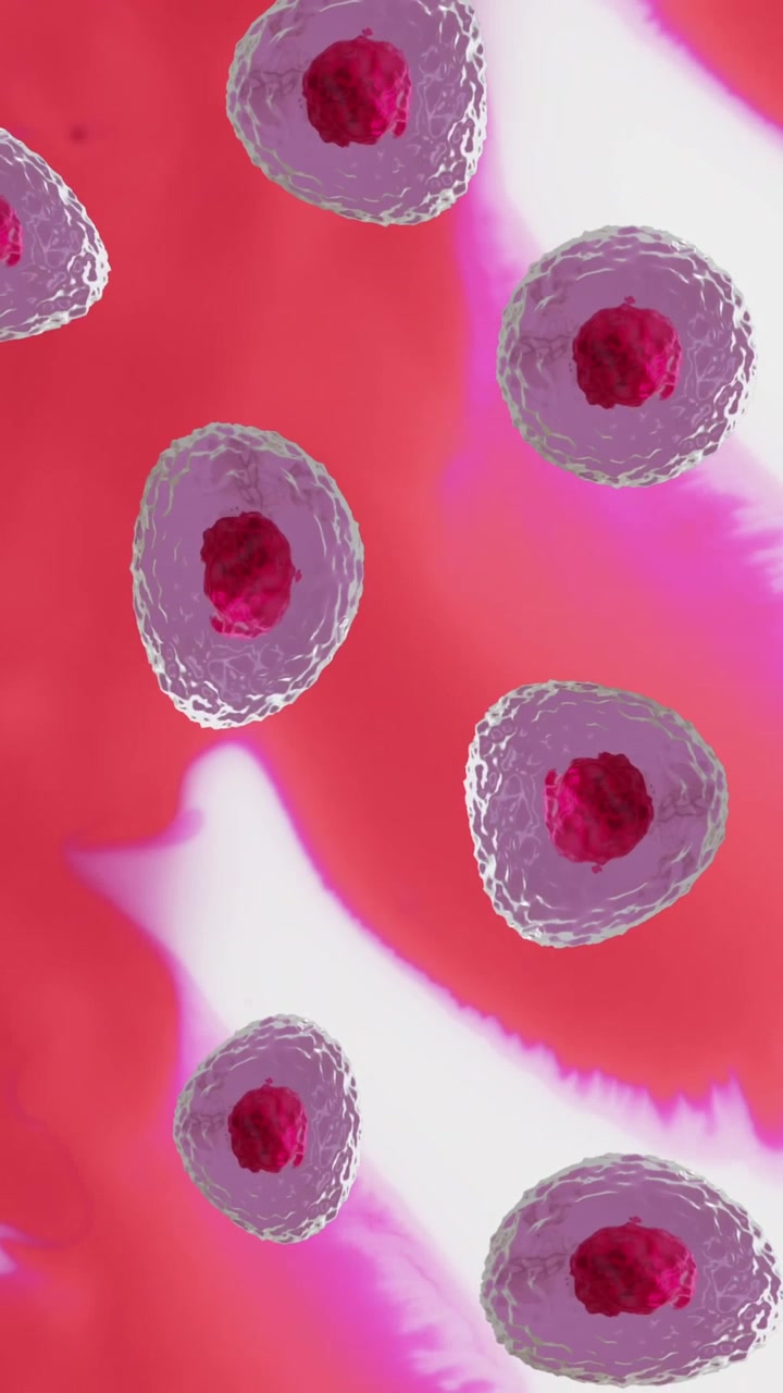 Animazione di cellule microscopiche rosse e rosa su sfondo rosso e bianco