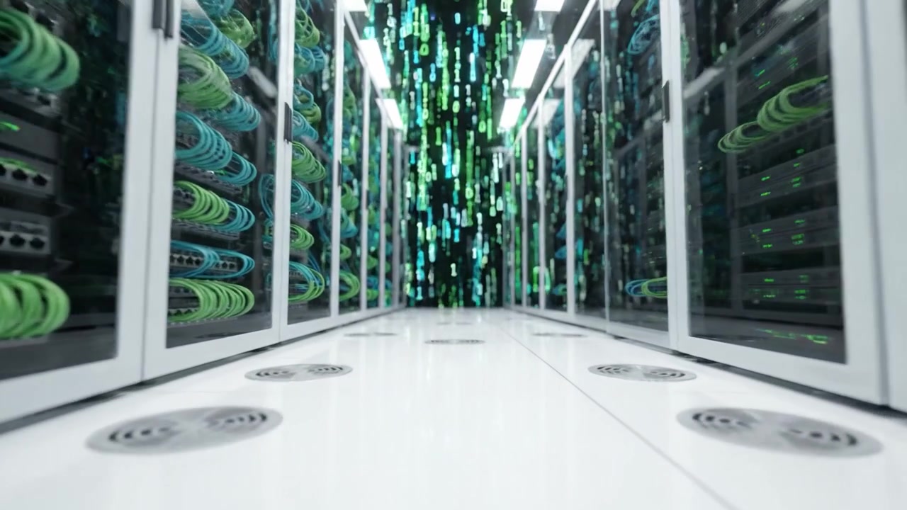 Futuristic Data Center Interior with Rows of Servers, Luminous Green and Blue Cables, and Floating Binary Code Representing Advanced Technology Infrastructure