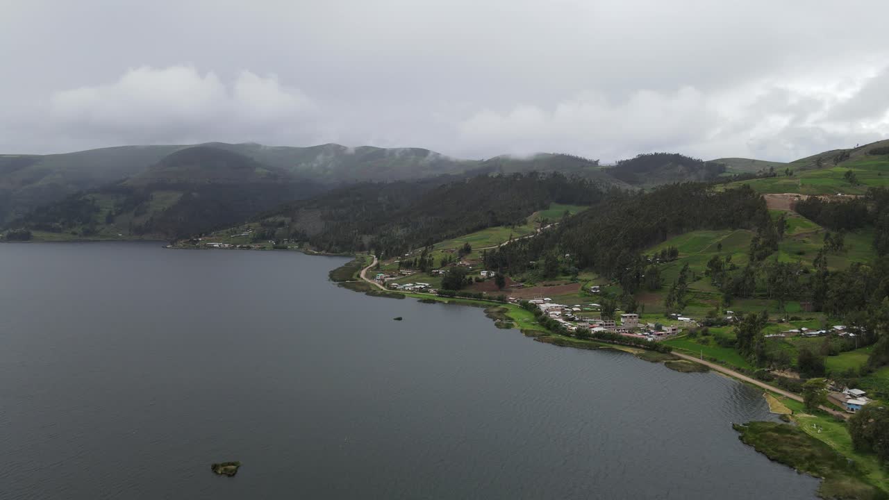 A stunning aerial view of a peaceful lagoon surrounding a small Peruvian village, where nature and tradition meet in perfect harmony under the Andean sky