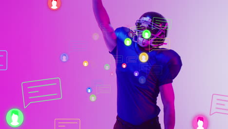animación de iconos y procesamiento de datos sobre el jugador de fútbol americano caucásico
