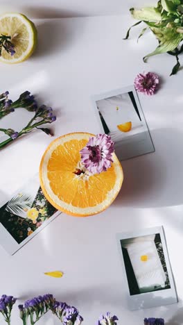 floral arrangement with orange slice and polaroid