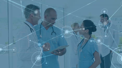 animation of network of connections with digital city over diverse doctors