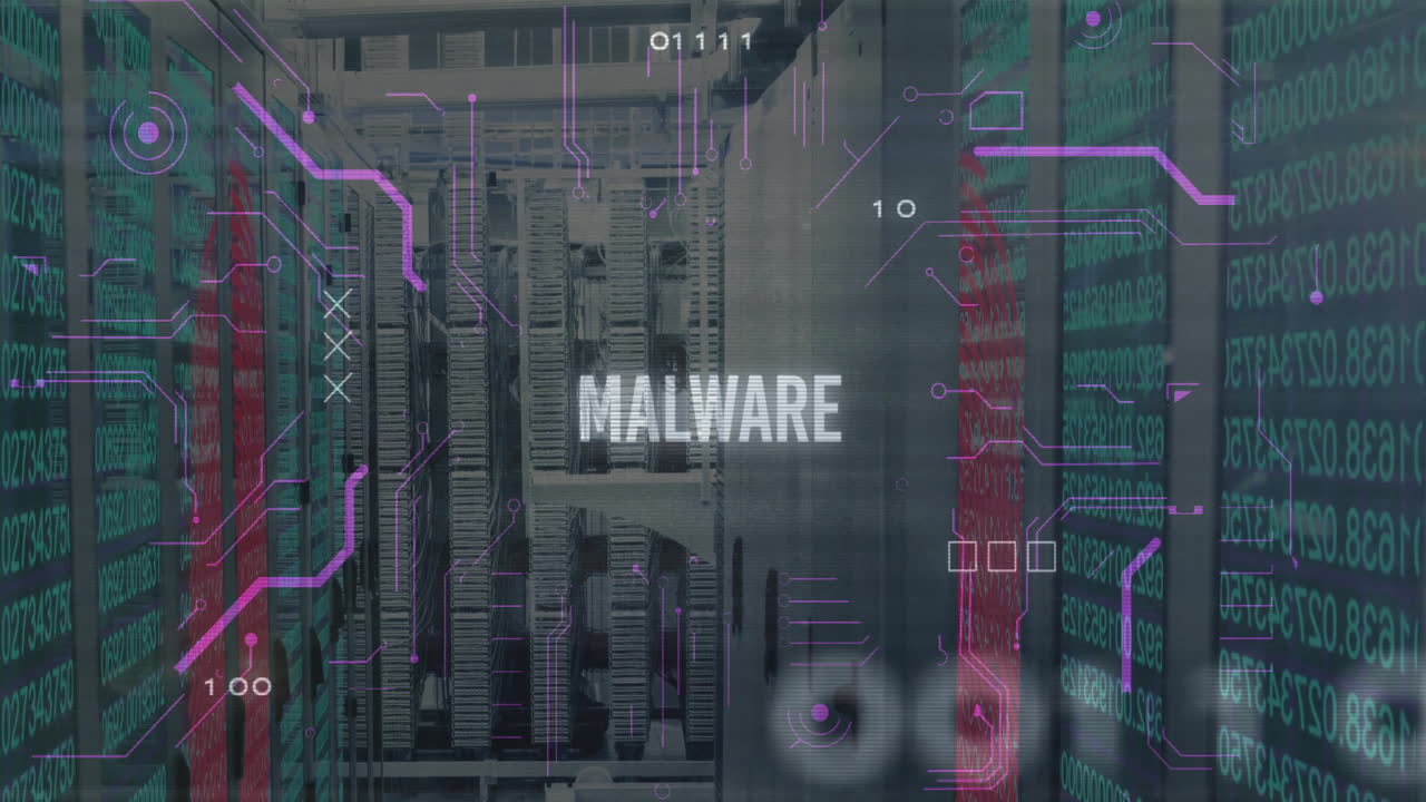 Malware text overlay on server room with digital data processing animation