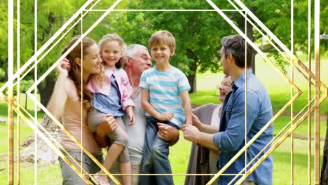 animation of gold pattern over happy family smiling