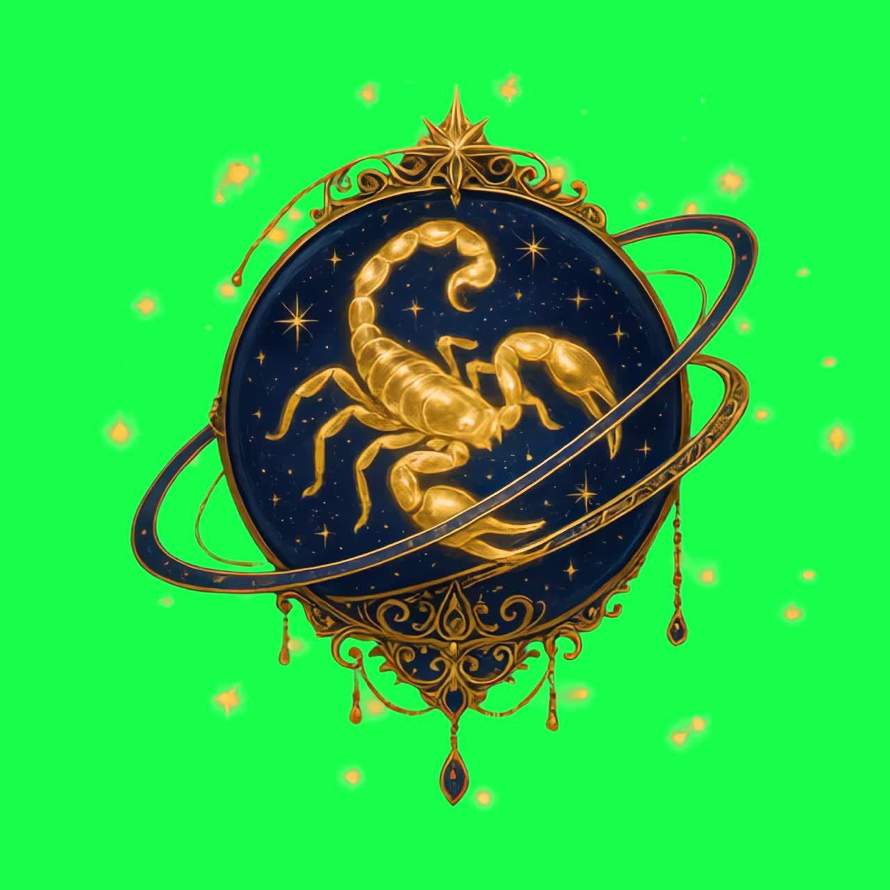 Goldene Skorpion-Animation im kosmischen Design, transparentes 4K-Video, Greenscreen