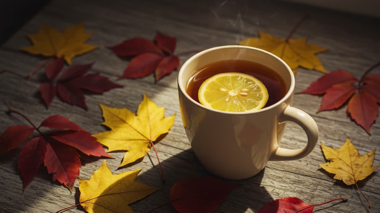 Cozy Autumn Tea with Lemon and Fall Leaves