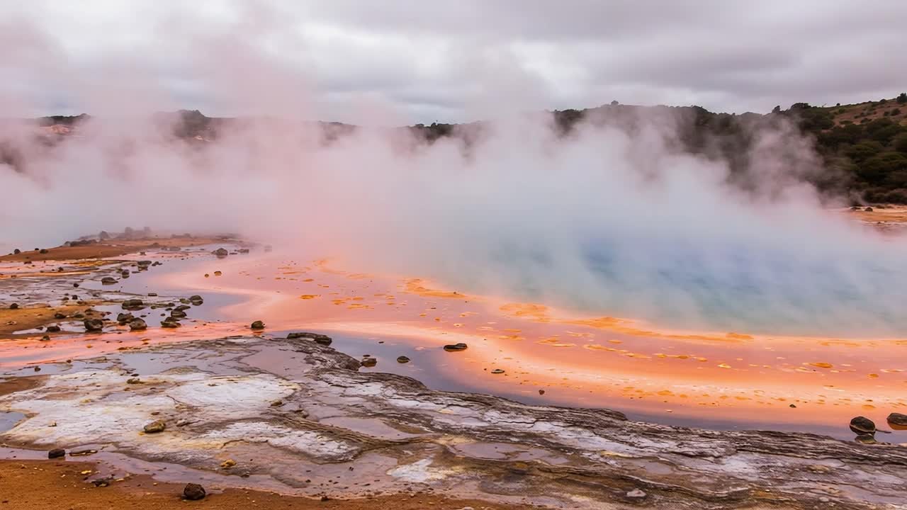 Vibrant Geothermal Landscape Displaying a Colorful Thermal Pool and Mystical Steam at Twilight, Capturing Nature's Unique Beauty and Geological Activity