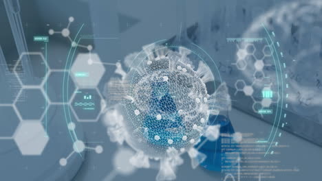 animation of covid 19 cell over molecules, scope and laboratory