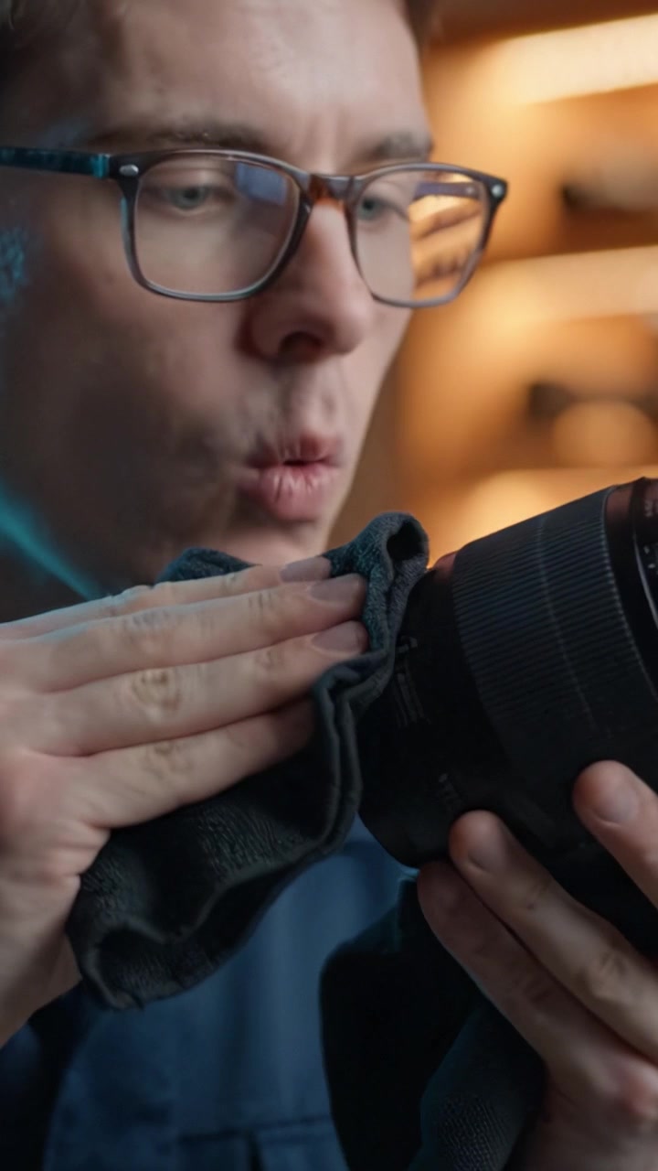 Una persona pulisce con cura una lente della fotocamera con un panno, garantendo chiarezza e prestazioni ottimali sia per gli appassionati di fotografia che per i professionisti.