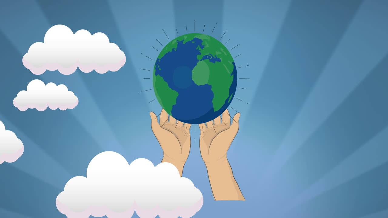 animación de manos sosteniendo el globo en cielo azul a rayas y nubes