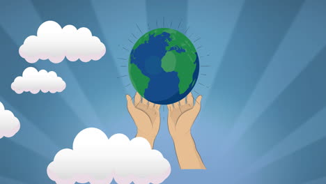 animation of hands holding globe in striped blue sky and clouds