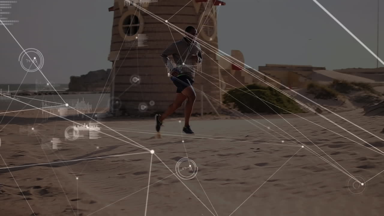Animation of data processing over fit man running at beach