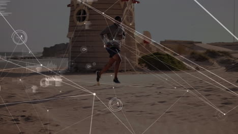 animación del procesamiento de datos sobre un hombre en forma corriendo en la playa