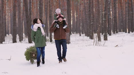 Two-Parents-With-A-Niño-Driving-A-New-Year-Tree-On-A-Sled-On-A-Snowy-Forest-4K-Video