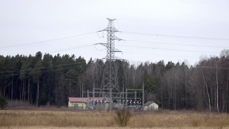 Kraftwerk-Mit-Hohen-Grauen-Hochspannungsmasten-Auf-Einer-Grünen-Wiese,-Mit-Bäumen-Und-Einem-Bewölkten-Blauen-Himmel-Im-Hintergrund,-Mit-Braunen-Bäumen-In-Der-Ferne