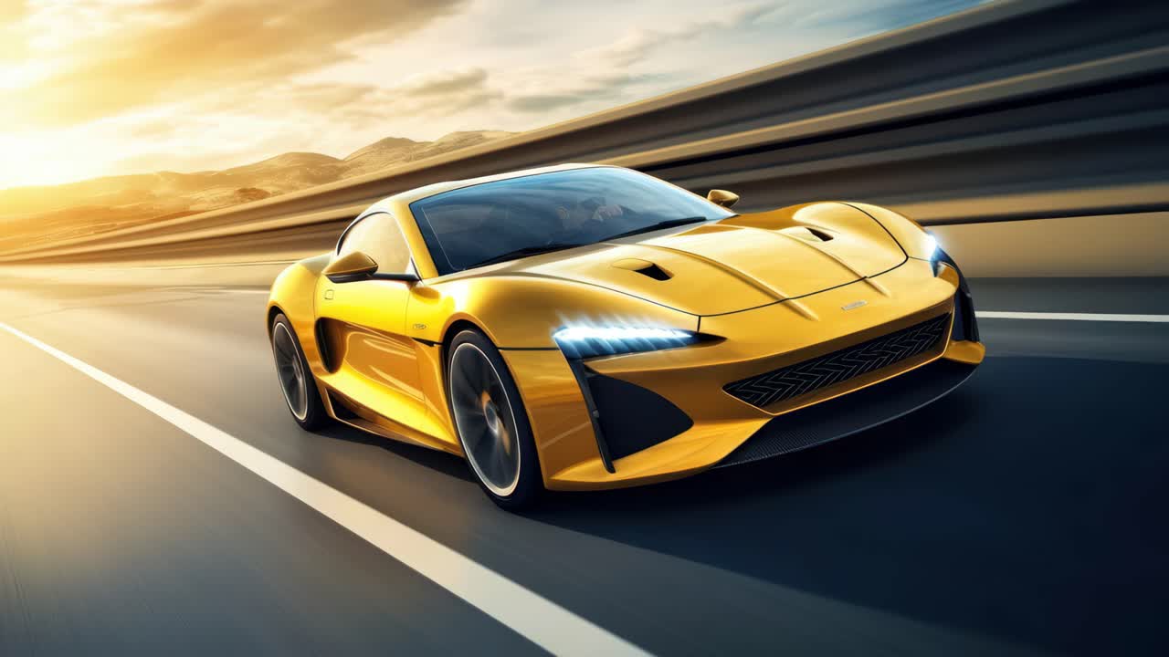 Dynamic low-angle shot of a sleek yellow sports car speeding on a highway at sunset, perfect