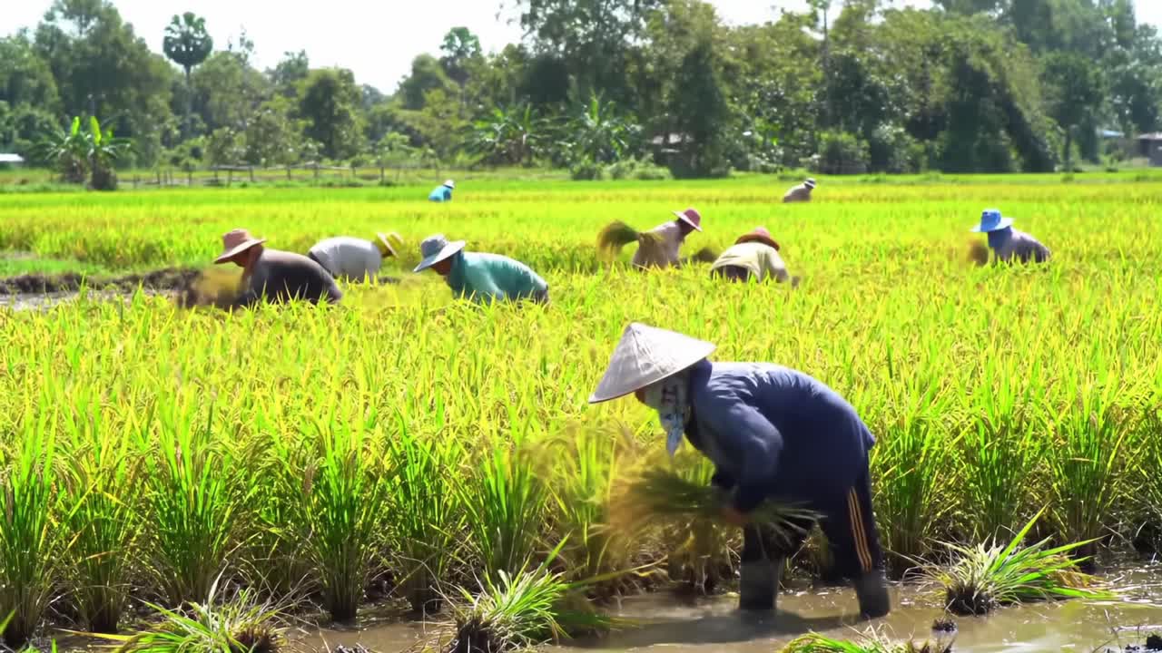 Farmers Harvesting Rice in Lush Green Fields Under Bright Sunlight ...