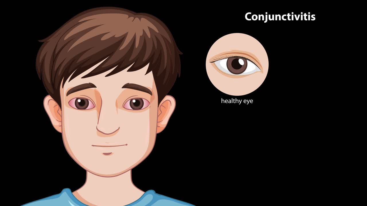 Cartoon boy illustrates healthy eyes, allergic, bacterial, and viral conjunctivitis with labeled close-ups