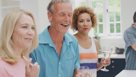 group of multi-cultural senior friends on summer vacation meeting for drinks in holiday apartment