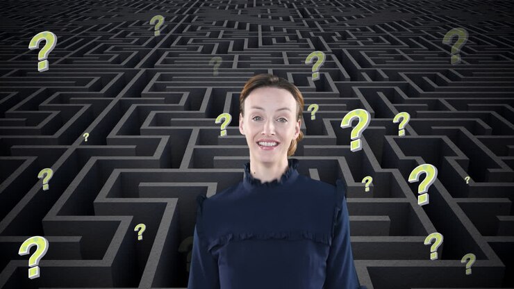 Animation of uncertain caucasian woman and yellow question marks moving over grey maze