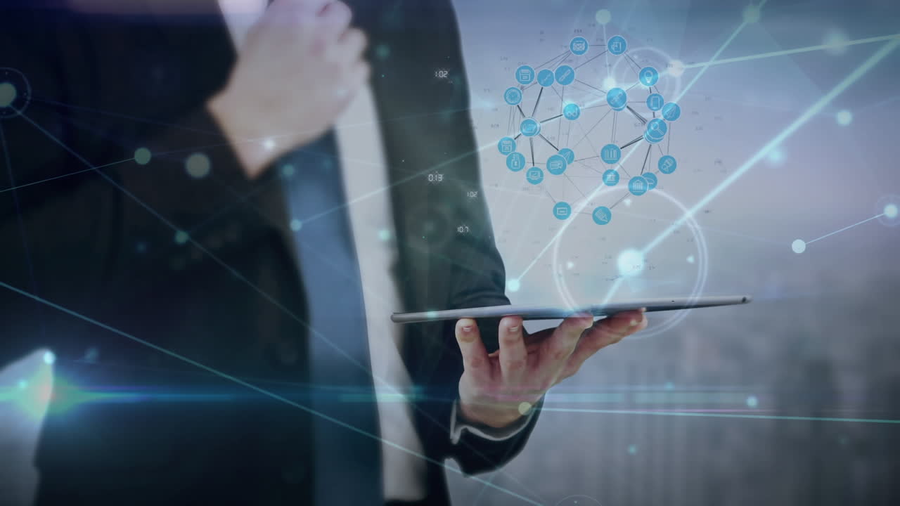 태블릿을 사용하는 코카시안 사업가에 대한 연결 네트워크의 지구촌의 애니메이션