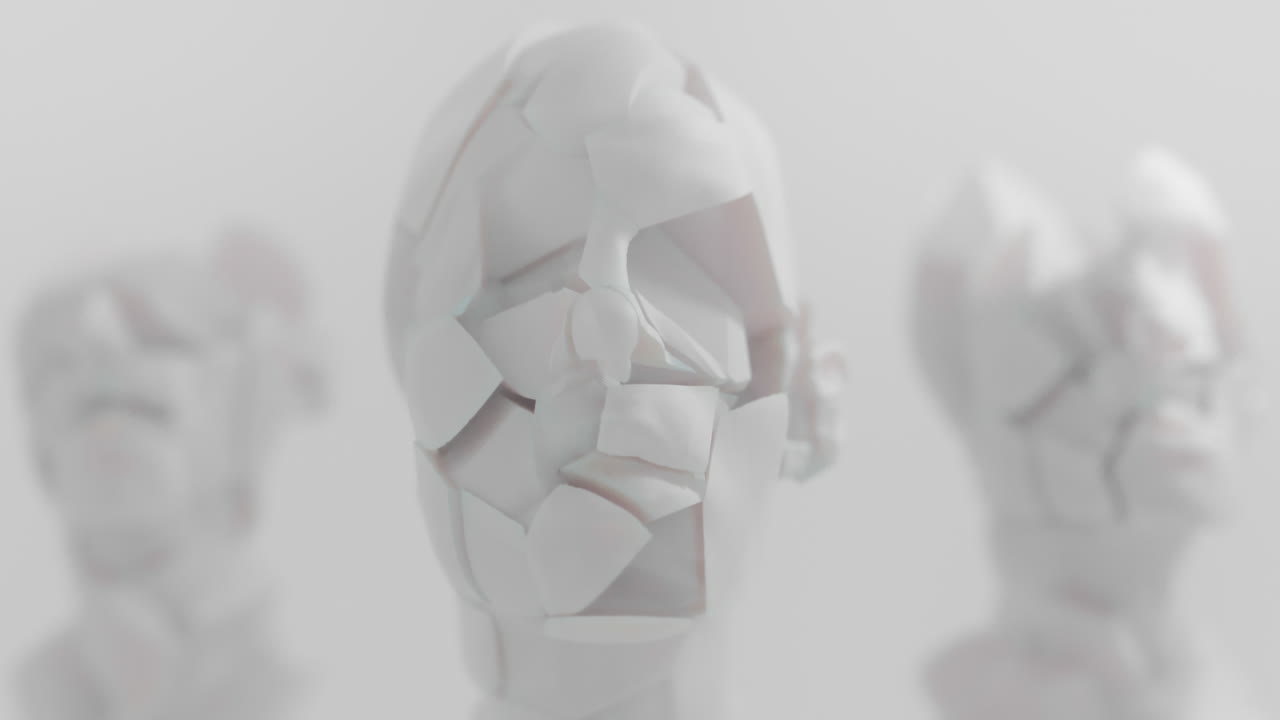 Three crushed android heads on spikes in white space