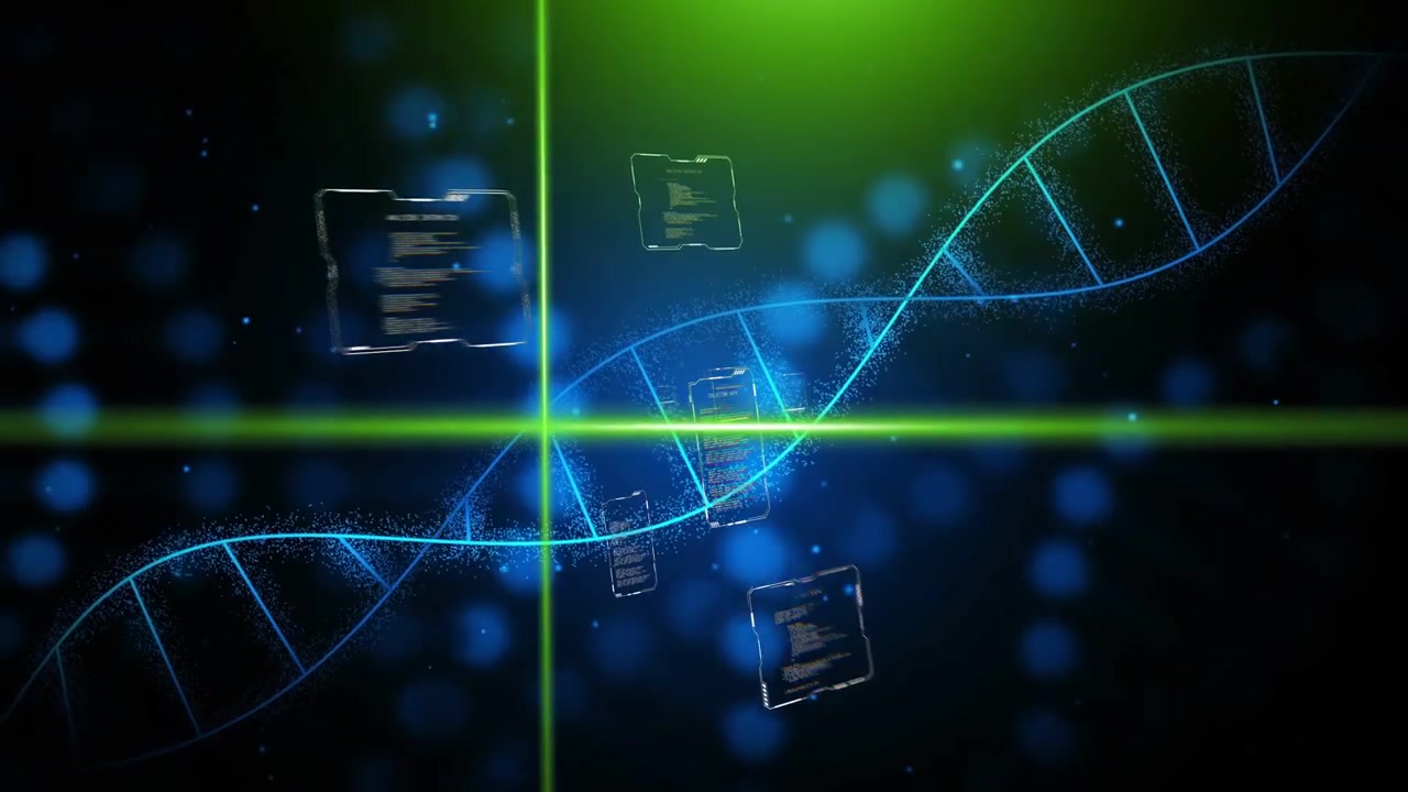 Neon-green crosshair appearing, cyan helix sliding center while code panels drifting, showing data