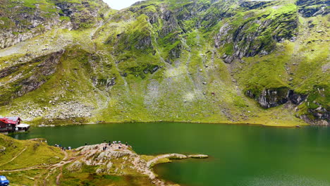 People stand on the rock over the mountain lake with green water. Flock of sheep walk by the rocks at backdrop. Stunning Romania