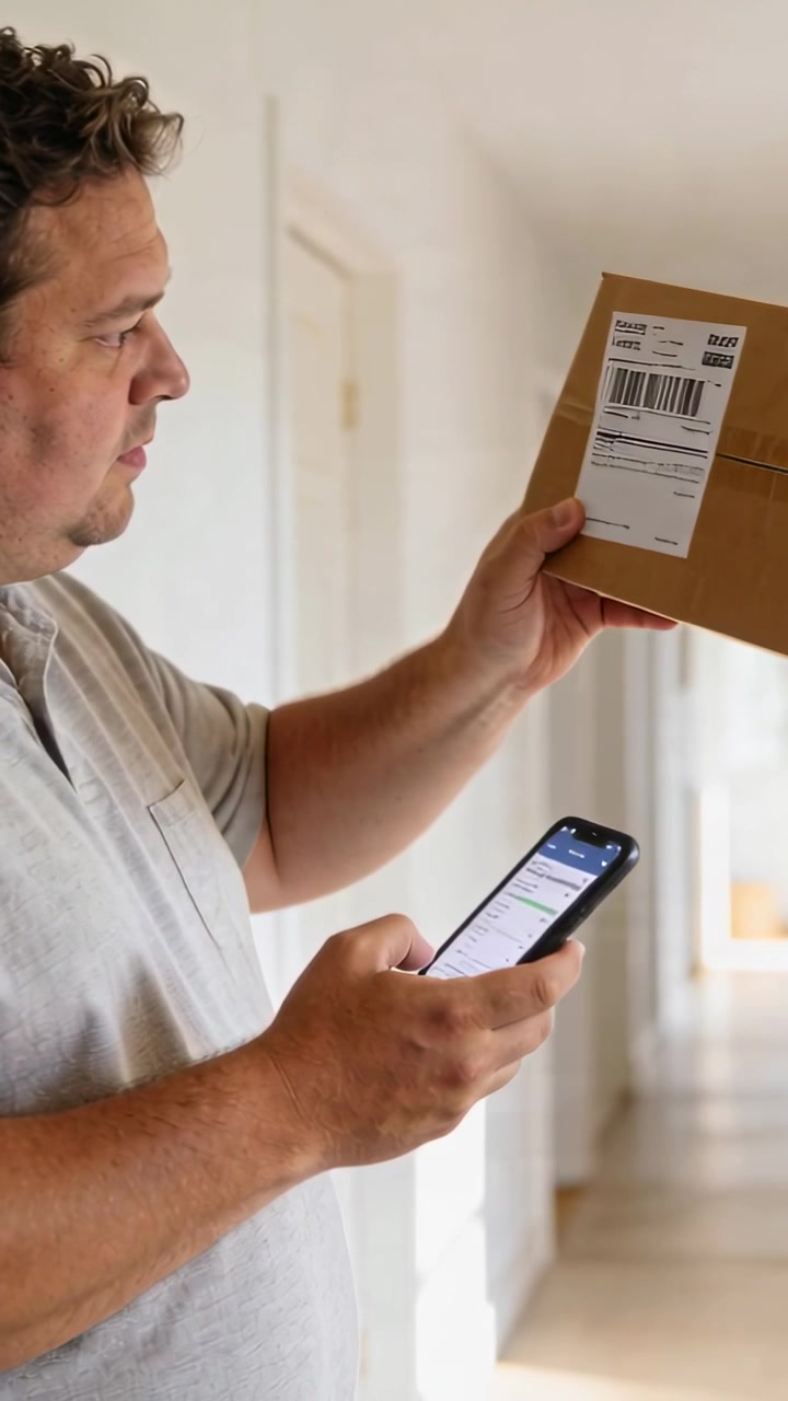 Video vertical: Teléfono sonando, hombre con camisa escaneando la etiqueta de una caja en casa verificando la entrega, espacio para texto