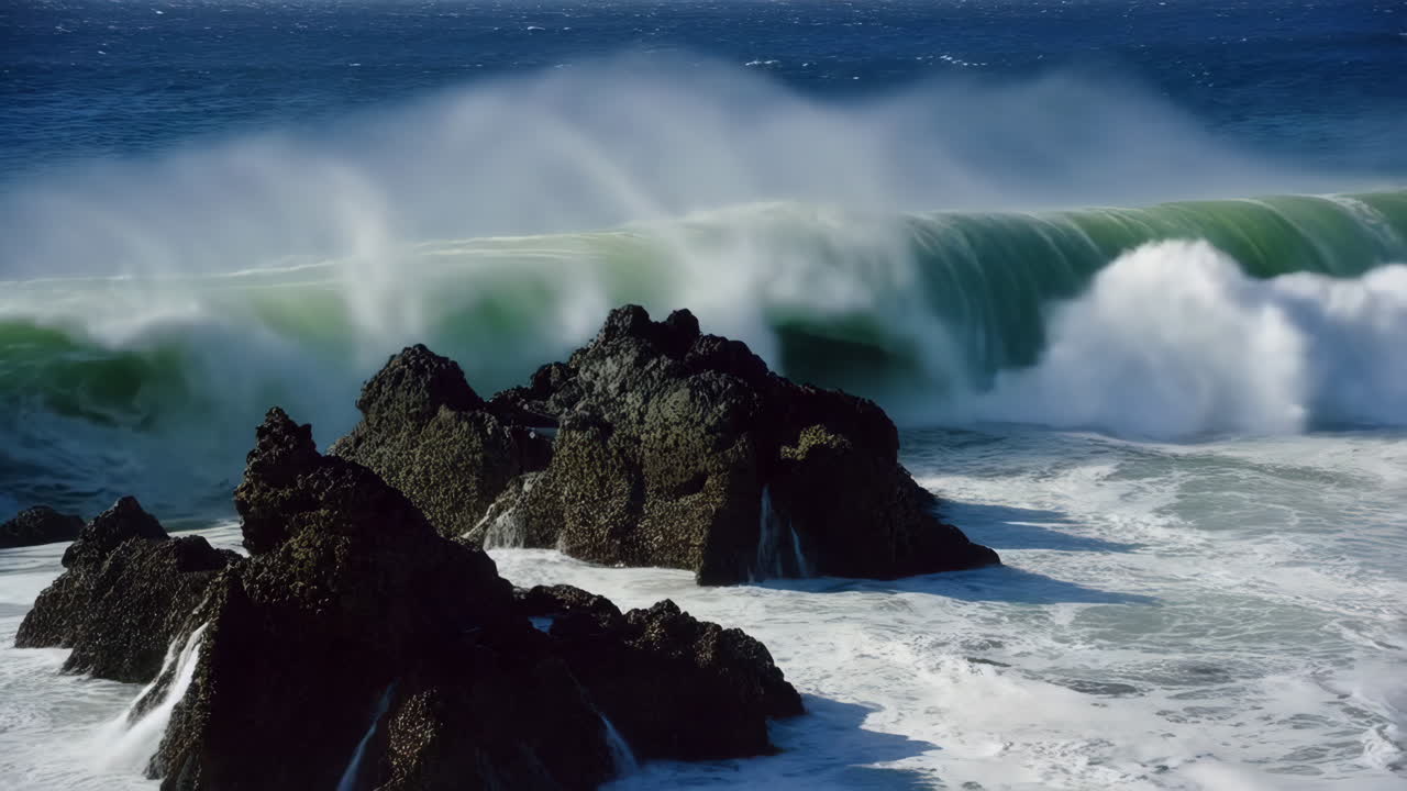 Powerful Ocean Waves Crashing Against Coastal Rocks