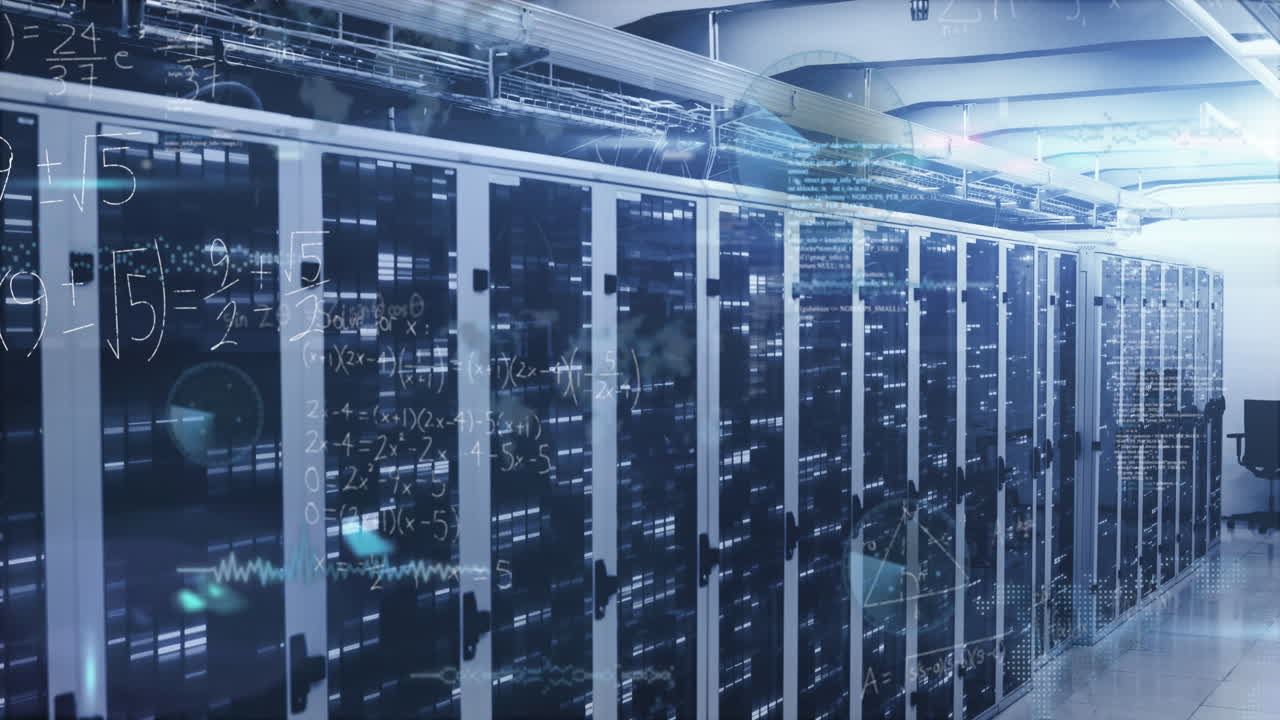 Animation of round scanners and mathematical equations against mosaic squares over server room