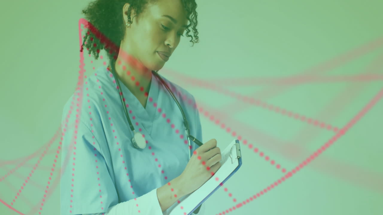 Healthcare professional writing on clipboard with DNA strand animation overlay