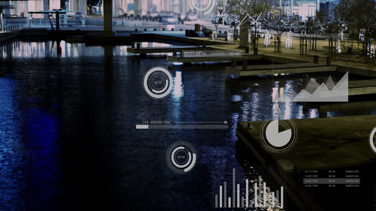 Data visualization animation over city waterfront at night