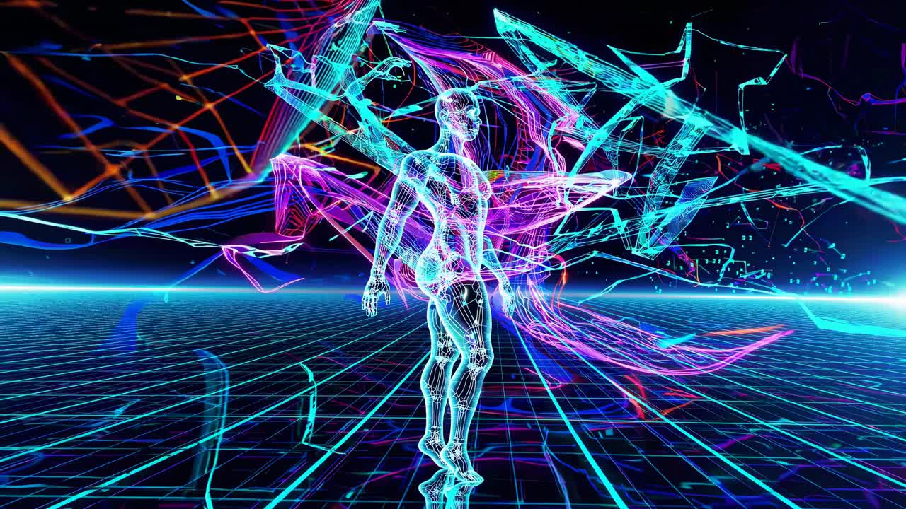 figura humana cyberpunk en una cuadrícula virtual