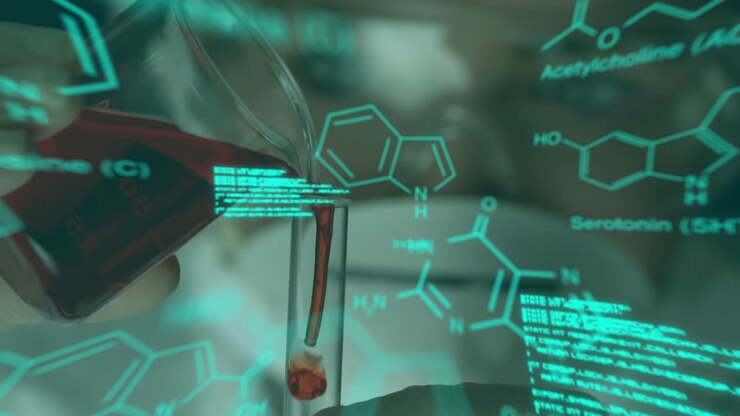 Animation of data processing and chemical formula over caucasian female scientist