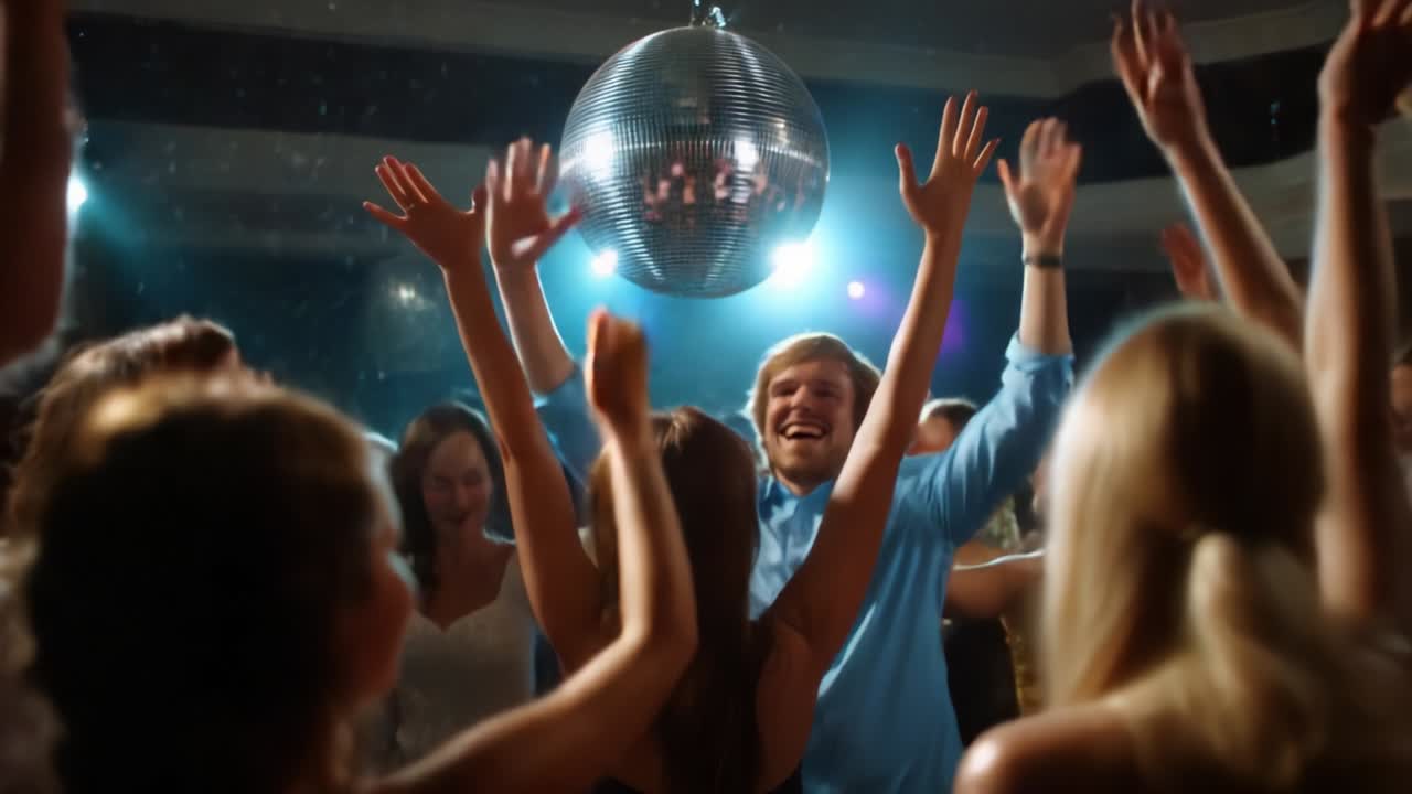 Una vivace celebrazione in cui partecipanti gioiosi si immergono nell'atmosfera euforica di una pista da ballo animata e illuminata da una scintillante palla da discoteca, alzando le mani all'unisono, catturando l'essenza del divertimento e della festa