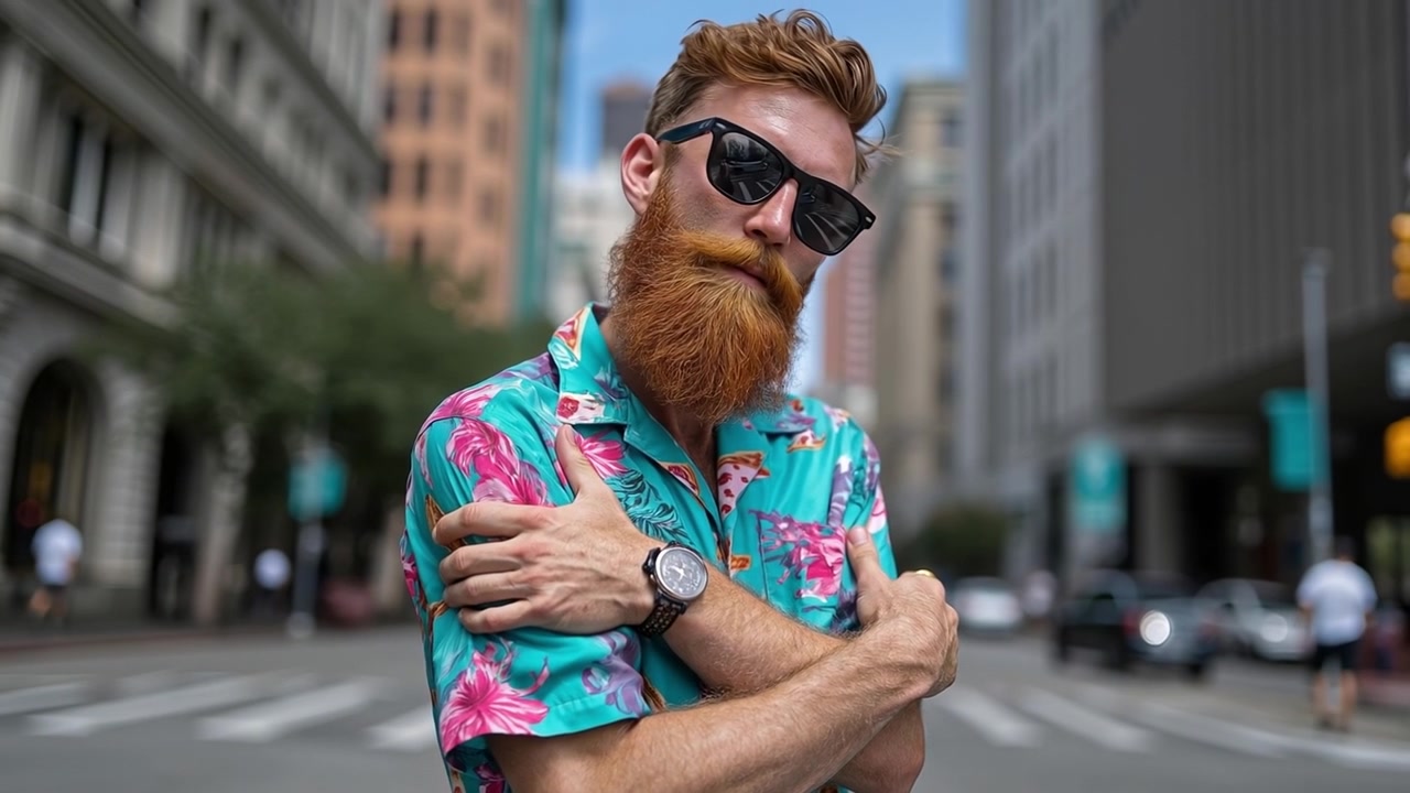 Een man met een lange rode baard en zonnebril kruist zijn armen op een stadsstraat.