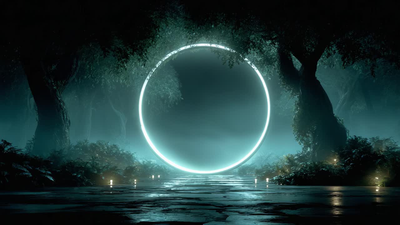 A Mystical Portal Surrounded by Enigmatic Trees and Ethereal Fog: A Journey Through a Magical Realm Awaits Beyond the Glowing Circle