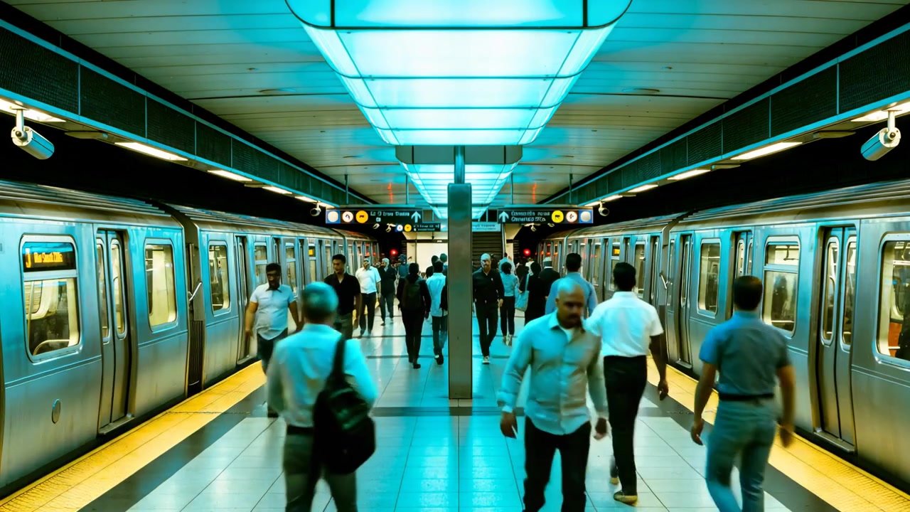 Train doors opening, people exiting, man in white shirt with shoulder bag walking on metro platform