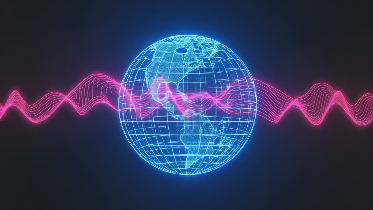 Starting neon-blue wireframe globe rotating on black backdrop, showing signal with magenta waveform