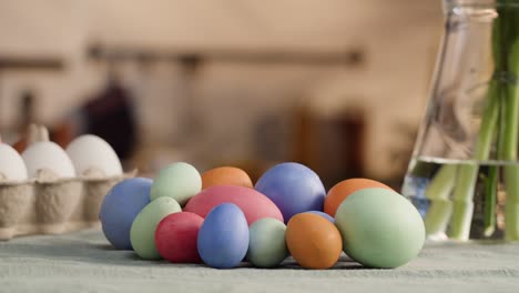 happy easter holiday. colored eggs close-up. preparing for easter, painting and decorating eggs. christian celebration, family traditions.