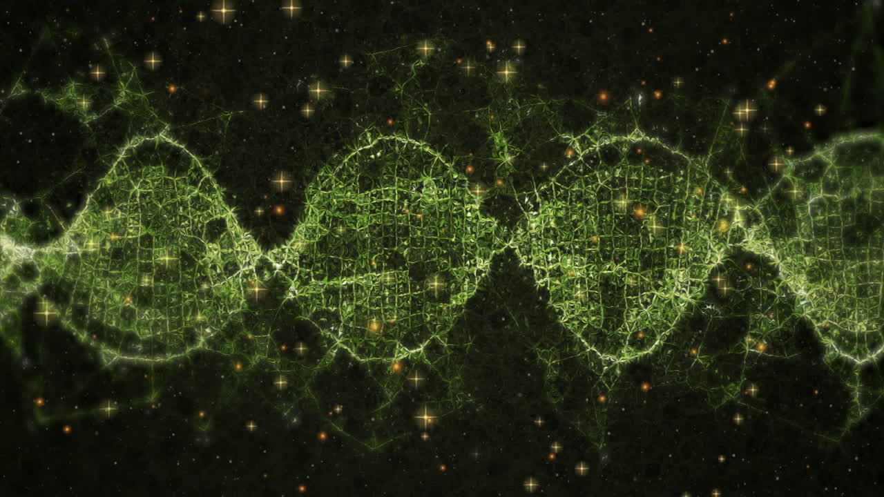 animación de cadenas de adn y conexiones de red sobre un fondo estrellado