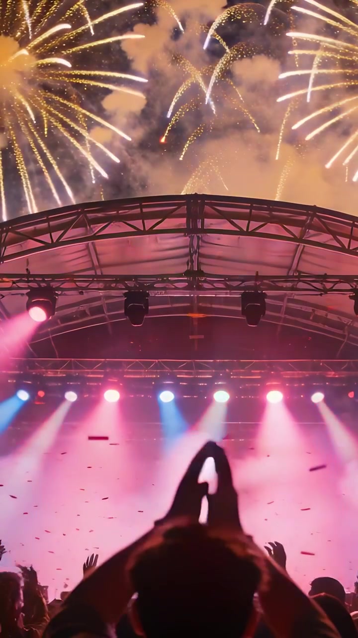 Video verticale: Fuochi d'artificio che scoppiano e scintillano al centro, fan che applaudono a un concerto con luci e fumo.
