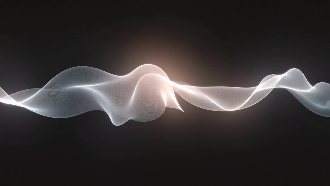 Playback starting ribbon waveform moving right across dark void, expanding merging emitting flares