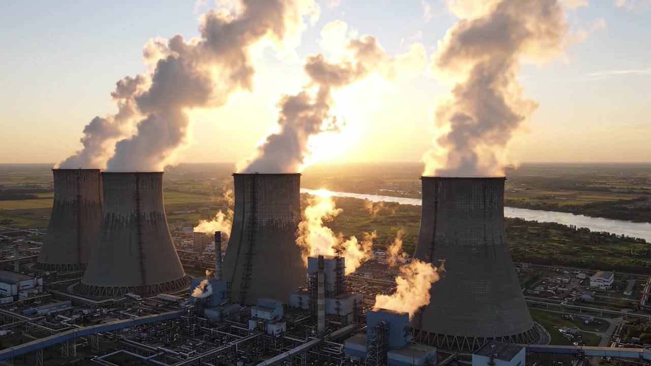 Vista maestosa di torri di raffreddamento all'alba che emettono vapore su un paesaggio sereno, evidenziando la potenza della produzione di energia e l'impatto ambientale.