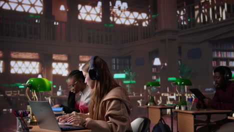 vertical video college student participates at online webinar course with headphones